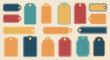 A diverse collection of colorful retro tags and labels. Blank vintage-style shapes for pricing, gifts, and branding concepts.