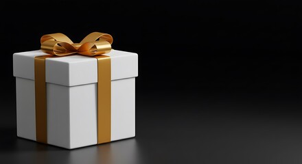 White gift box with golden ribbon against black background  