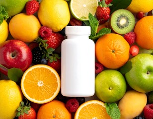 Vibrant assortment of fresh fruits surrounding white bottle offers a healthy lifestyle choice promotion