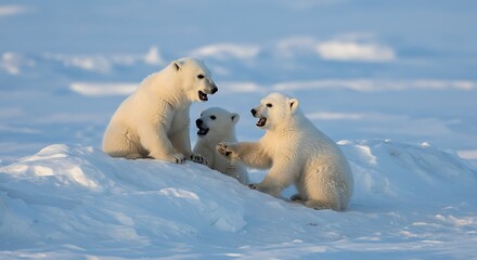 Three polar bear cubs playing on ice in a snowy landscape  