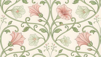 Fototapeta premium Elegant Floral Pattern Featuring Delicate Pink and White Flowers with Green Foliage