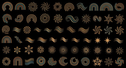 Golden abstract graphic design concept collection. A versatile set of metallic spiral, swirl, and wave logo templates and decorative symbols.