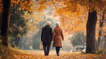 old couple walking in autumn park