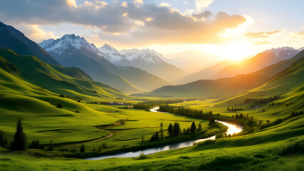 A scenic valley view with a winding river green hills and snow capped mountains at sunset or sunrise