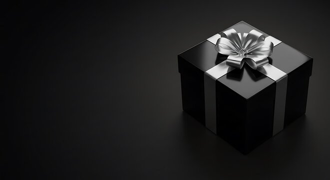 Black gift box with silver ribbon on dark background  