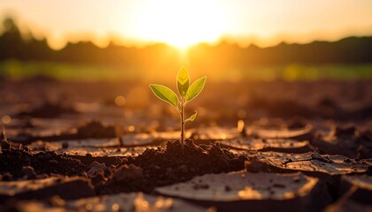 Small sprout emerges from cracked earth at sunset