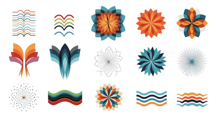 Set of colorful abstract geometric shapes, icons, and logo design elements. Modern graphic symbols collection.