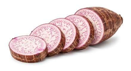 Sliced taro root reveals unique purpleveined pattern on white flesh brown skin texture visible