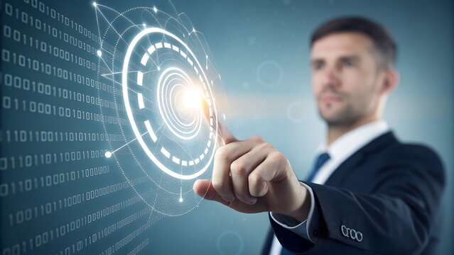 Man touching digital interface with binary code data technology innovation
