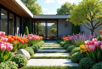 Obraz premium vibrant seasonal bloom modern garden design colorful flora nature arrangement flower bed oasis, landscape, plants, pedal, leaves, ornamental, herbaceous