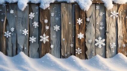 Winter Wonderland: Snowy Wooden Fence with Delicate Snowflakes
