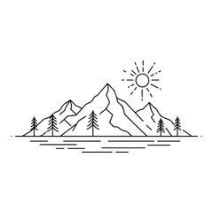 Simple line art of mountains with sun and trees