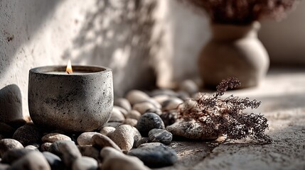 Scented candle in concrete jar with pebbles and dried flowers on white background, soft shadow still life for cozy home decor concepts