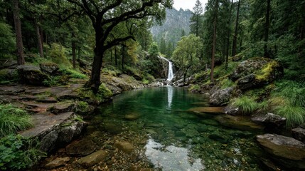 Obraz premium Serene forest scene with a waterfall and clear river surrounded by lush greenery