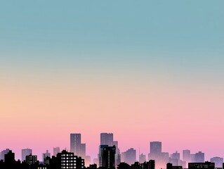 Minimalistic city skyline silhouette against a pastel gradient sky at sunset. Modern urban landscape with soft colors, ideal for backgrounds, web design, and print projects