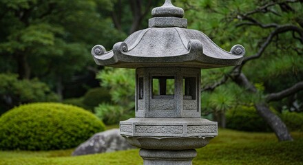 Obraz premium Stone lantern in garden gray tiered ornamental with green shrubs trees in the blurred background