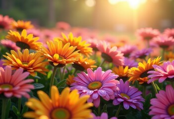 Fototapeta premium vibrant spring flower beds radiating colorful petals under golden morning light, garden, bloom, blossom, fragrance, nature, beauty, springtime, floral