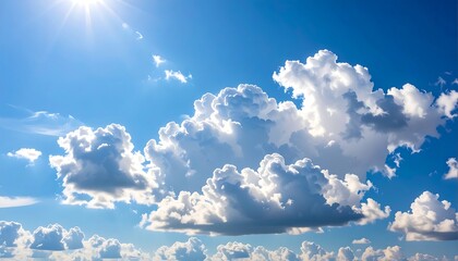 Radiant blue skies filled with picturesque cumulus clouds and bright sunlight ambience