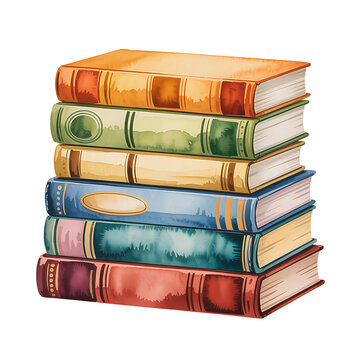 Watercolor illustration of a stack of colorful books isolated on transparent background