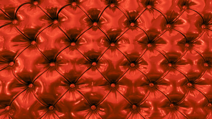 Retro furniture upholstery material in red. Red faux leather fabric with a pattern of ruddy squares. Upholstery material of headboard in form of three-dimensional diamonds.