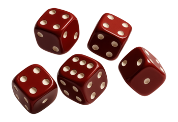 A collection of five red dice with white dots are scattered against a plain white background, illustrating concepts of chance, gaming, and randomness.