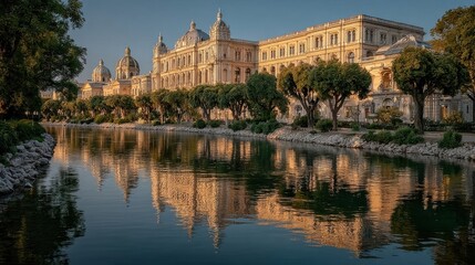 Obraz premium Sunset reflection of a historic European palace in a calm river with trees