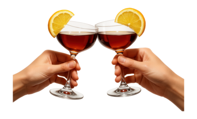Two hands holding cocktail glasses with amber liquid and lemon slices, clinking against a white background, symbolizing celebration or a toast.