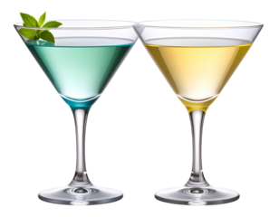 Two martinis with distinct drinks displayed on a white or transparent background