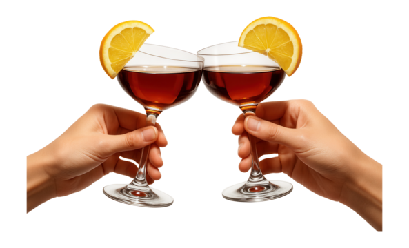 Two hands holding cocktail glasses with amber liquid and lemon slices, clinking against a white background, symbolizing celebration or a toast.