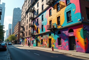 Obraz premium vibrant street art murals urban building expressions colorful graffiti wall art cityscape creativity contemporary cultural styles, paint, textures, artist, artwork