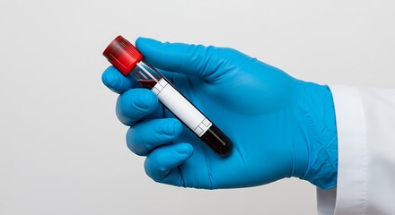 Close up hand Medical wearing blue glove holding a blood sample tube for laboratory analysis. Concept of healthcare, diagnostics, and scientific research.