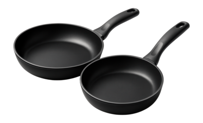 Two black non-stick frying pans with ergonomic handles, designed for versatile cooking and durable performance, positioned on a white background.