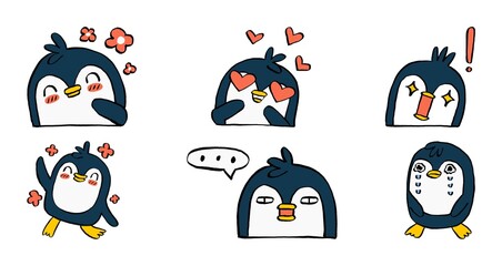 Adorable cartoon penguin stickers showcasing diverse moods, including penguins with flowers, hearts, exclamation marks, dancing, thinking, and crying.