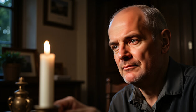 Elderly man lighting candle in quiet room for World Mental Health Day