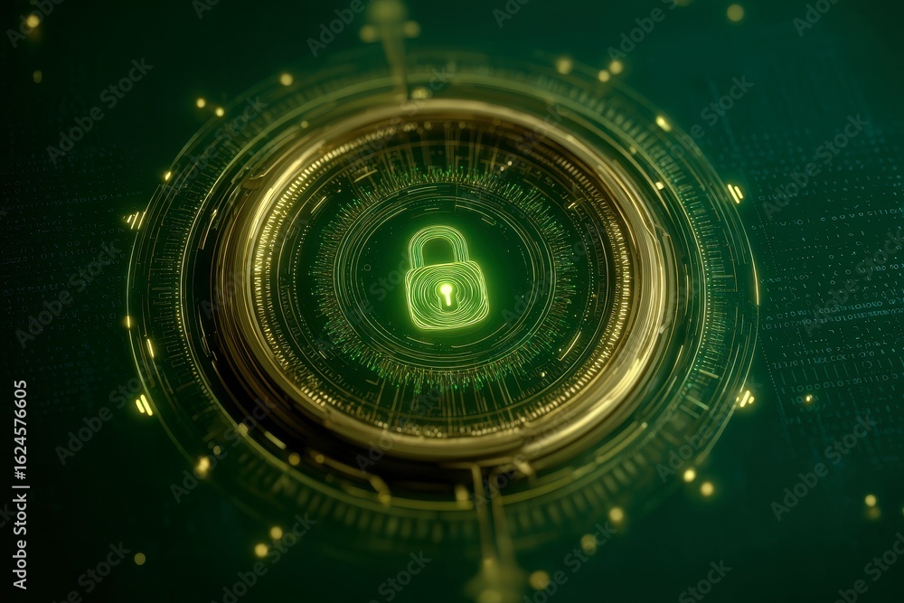 Poster x-default cyber security: futuristic padlock in digital hud interface