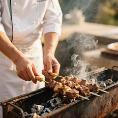 Grilling Skewers on Charcoal Grill with Chef Cooking