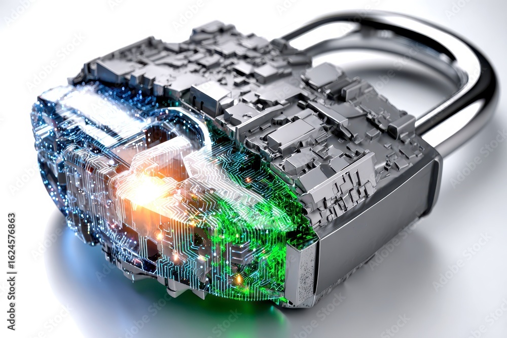 Poster x-default cyber security padlock concept: digital lock with circuit board inside