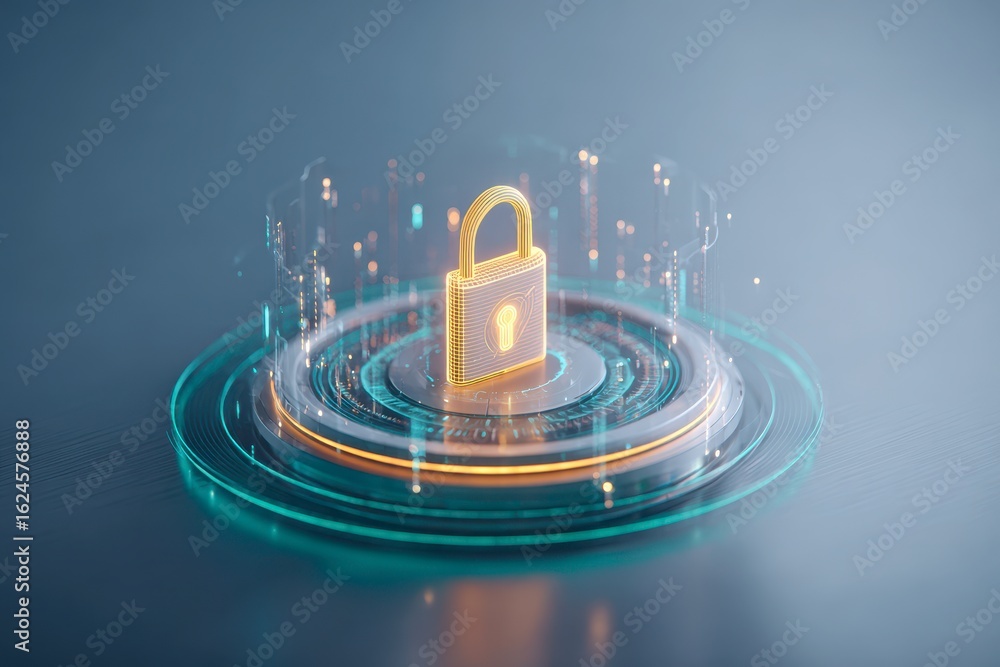 Poster x-default cyber security: digital padlock on futuristic tech interface