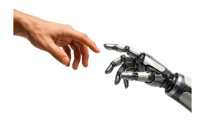 Naklejka na ściany i meble Human hand reaching out to touch a robotic hand, symbolizing the connection between humanity and technology, highlighting themes of innovation and interaction.