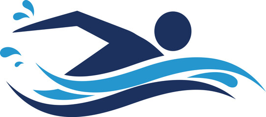 Stylized silhouette of a swimmer in motion through blue waves isolated on transparent background