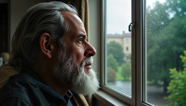 Elderly man gazing out rainy window reflecting on World Mental Health Day