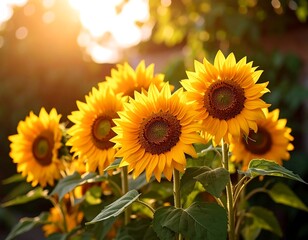 Fototapeta premium Radiant sunflowers basking in the golden glow of sunset evoke feelings of warmth and joy