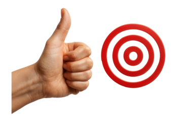 A hand giving a thumbs-up gesture next to a red target symbol, representing approval and aiming for goals, suitable for business and motivational concepts.