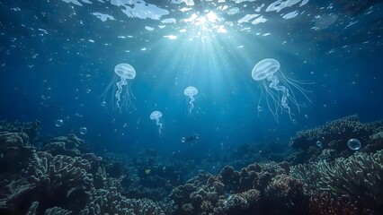 Underwater bubbles scene with glowing jellyfish coral reef sunlight rays tropical fish deep sea plants fantasy marine background ocean light