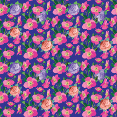 Flat vector pink sakura cherry blossoms seamless pattern texture purple background.