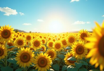 Obraz premium vibrant sunflower fields under bright blue sky full life sunshine capturing golden beauty wonderland, nature, landscape, petal, flora, blossom, sunny