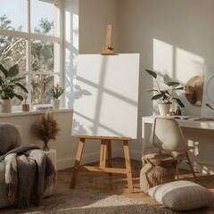 Modern Artist Studio with Blank Canvas &ndash; Natural Light Interior Mockup