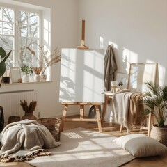 Modern Artist Studio with Blank Canvas &ndash; Natural Light Interior Mockup