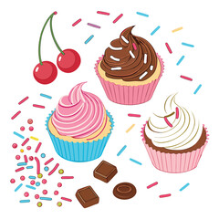 Three colorful cupcakes with chocolate squares and cherries scattered with sprinkles dessert sweet