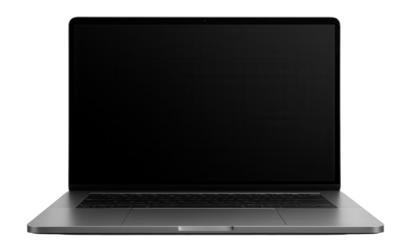 Front view of a sleek laptop with a black screen, displaying a minimalist design, suitable for technology and productivity themes.